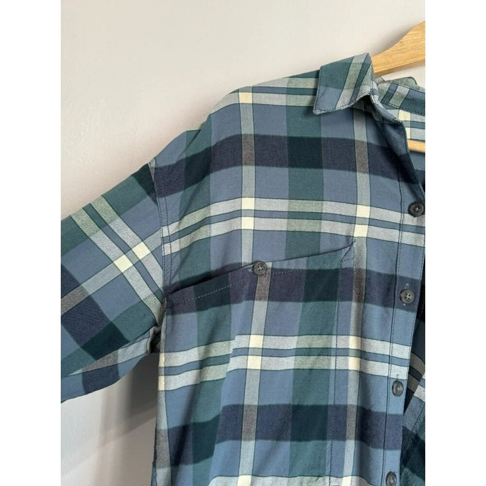 Free People Loveland Blue Plaid Top Sz Small Button Up Frayed Hem Boho Country